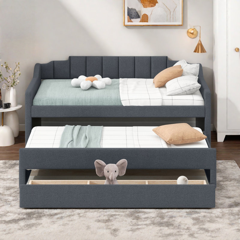 Upholstered Daybed With Trundle And 3 Drawers, Gray