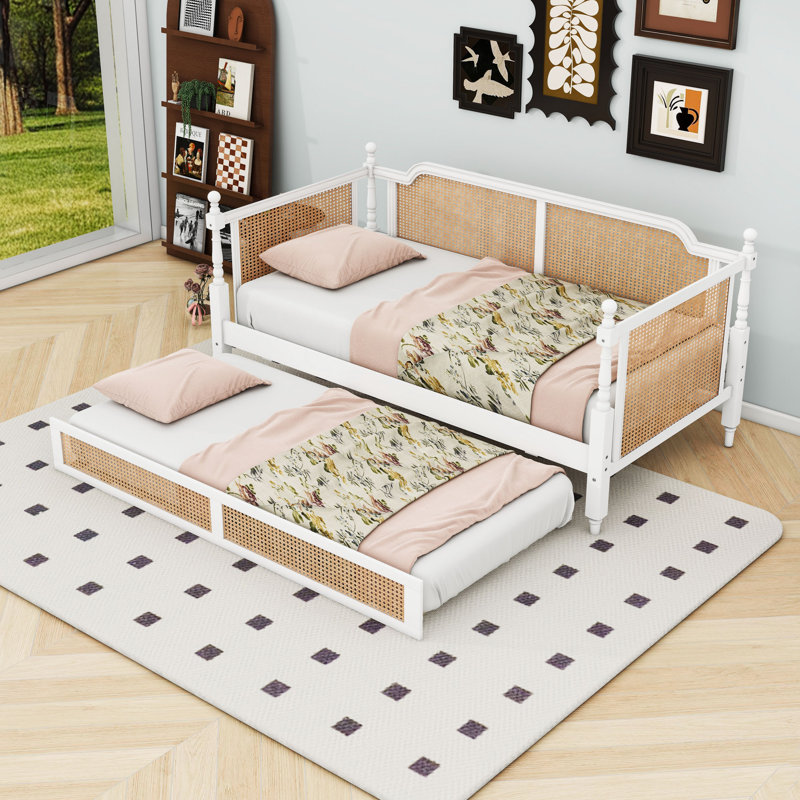 Wood Daybed with Rattan Headboard and Trundle, Twin, Antique Walnut