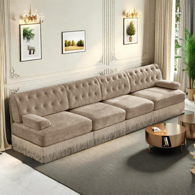 135" Velvet Chesterfield Sofa with Button Tufting and Tassel Skirt
