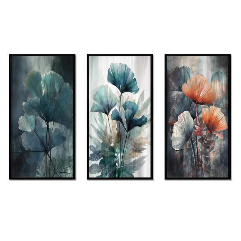 Feuilles de palmier tropical - ensemble de 3 impressions de ginkgo, H 20 po x l 36 po, Cadre flottant noir