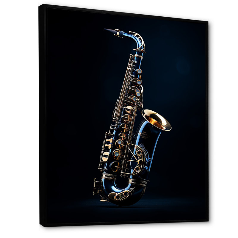 Saxophone Midnight Blue I - musique encadrée, art mural, Cadre flottant noir, H 20 po x l 12 po x P 1 po
