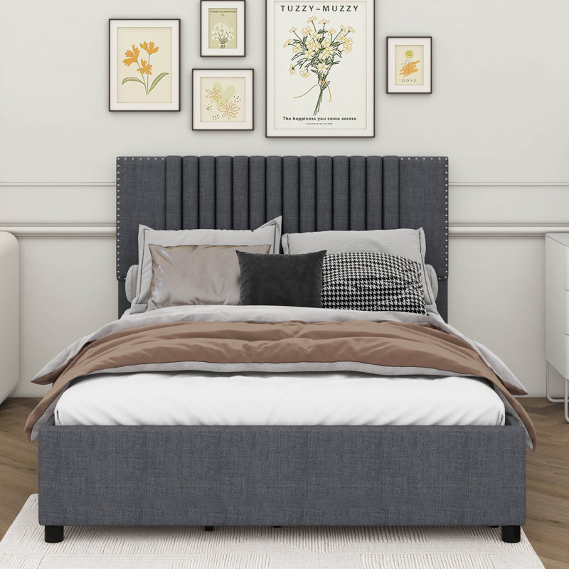 Lit plateforme avec tête de lit rembourrée et 2 tiroirs intégrés, Gris, Full