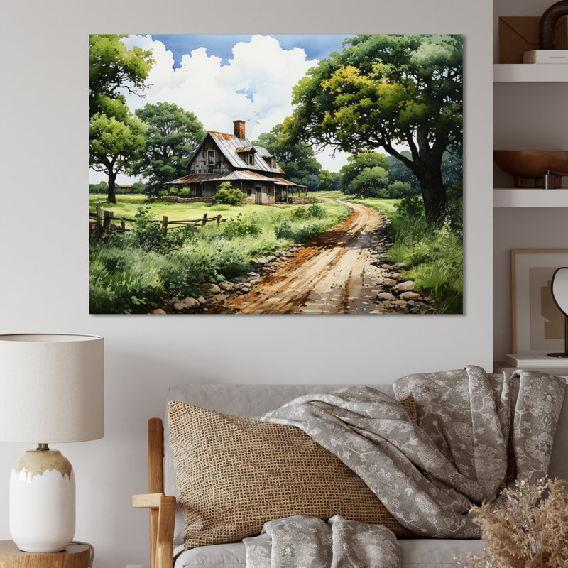 Farmhouse Natures Embrace Pointillism - impression, H 24 po x l 32 po x P 1 po, Toile tendue