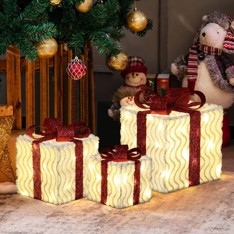 Ensemble de boîte-cadeau de Noël 3 pièces avec rubans rouges décoratifs et nœuds, Blanc/rouge