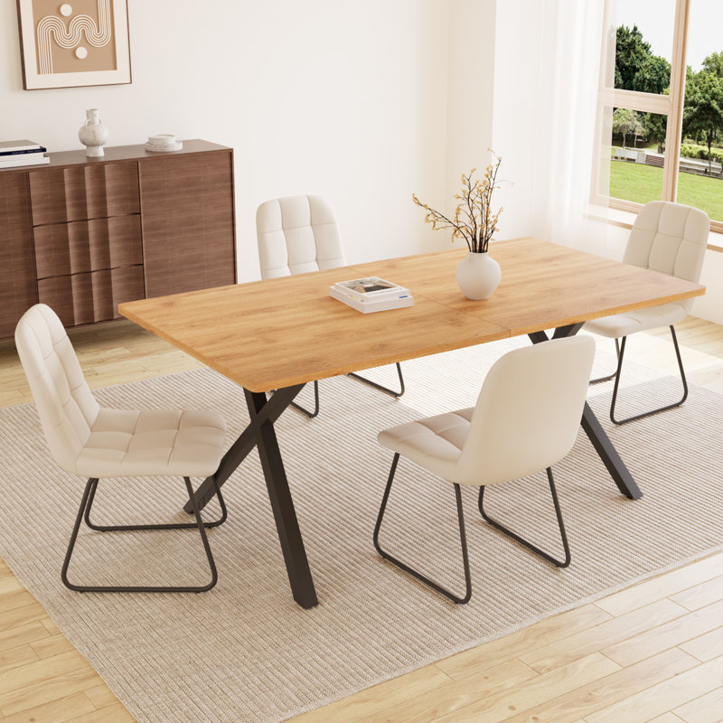 Costner 63" Modern Oak Dining Table Set For Small Spaces, 5-piece Set With Rectangular Table & 4 Padded Leather Chairs, Compact, Sturdy & Easy To Assemble
