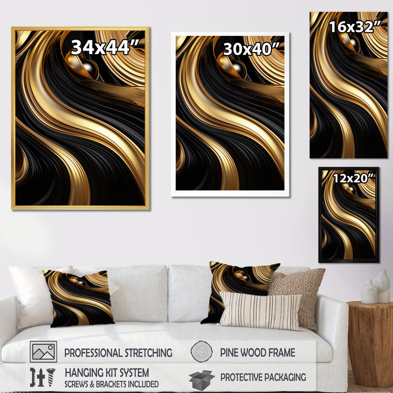 Abstrait or liquide et tourbillon noir I - spirales abstraites, art mural, H 40 po x l 30 po x P 1,5 po, Toile tendue