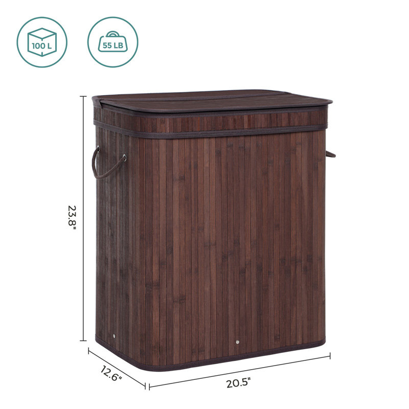 Bamboo Laundry Basket, 24" H x 21.5" W x 13.6" D, Brown