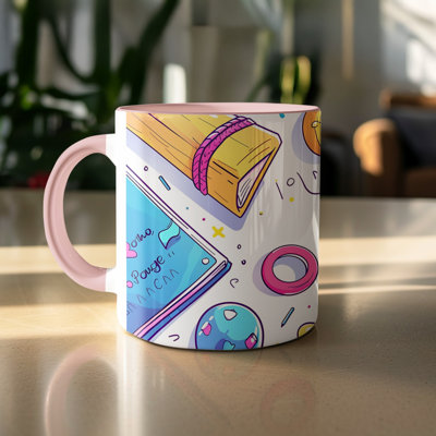 Kids Drawing Style 11oz Accent Mugs – Ceramic Coffee Cup with a Pink Handle and Interior