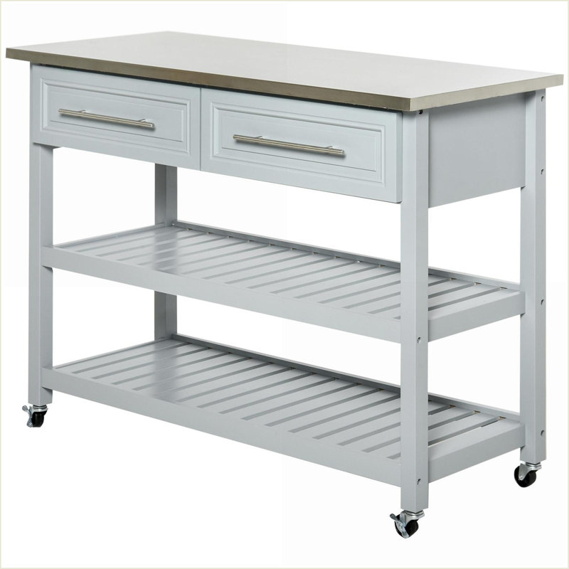 Îlot de cuisine avec rangement, plateau en acier inoxydable, style rustique campagnard, gris clair | Bois | Gris