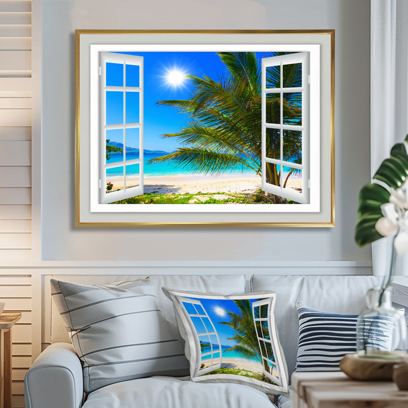 « Window Open to Beach with Palm » - impression d'art mural avec plage, impression sur toile avec plage et palmier, Or