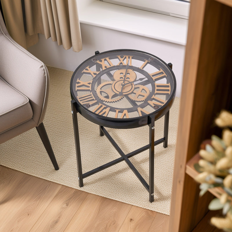 Metal End Table with Clear Clock Tabletop