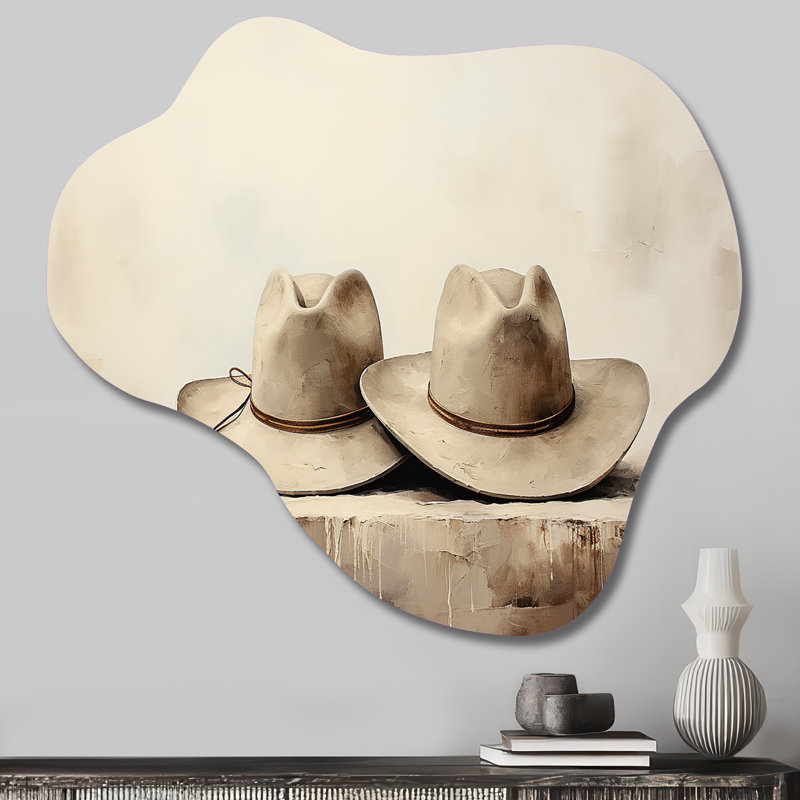 Chapeau de cowboy style minimaliste III - Cowboys asymétriques en métal, sculpture murale en métal imprimé nuage