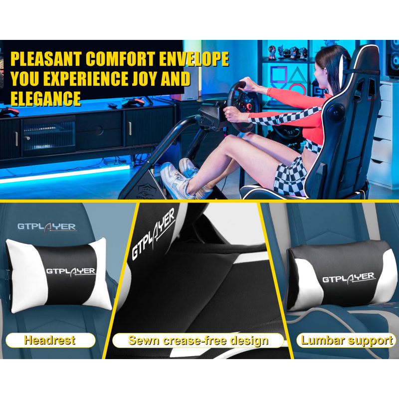 GTPLAYER Racing Simulator Cockpit Faux Leather PC & Racing Game Chair with Built-in Speakers, White