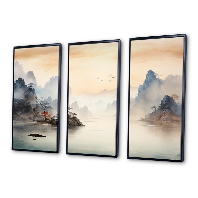 «Grey Tranquil Chinese Landscape Serenity II - China», art mural, H 28 po x l 36 po, Cadre flottant noir