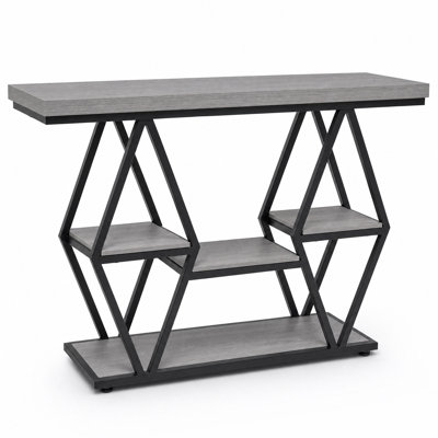 Console d'entrée à cadre en losange, en bois gris PB et métal, étroite, avec étagère ouverte, idéale pour un hall d'entrée, un salon, un couloir, un appartement, un bureau ou une décoration intérieure de style industriel.
