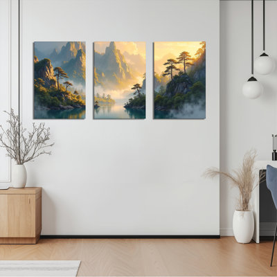 Mountain Landscape Canvas Wrapped Wall Art, Oil Painting Print (Set of 3)