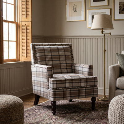 Chaise d'appoint rembourrée avec charme rétro, pieds en bois massif et garniture cloutée - Lin de coton café