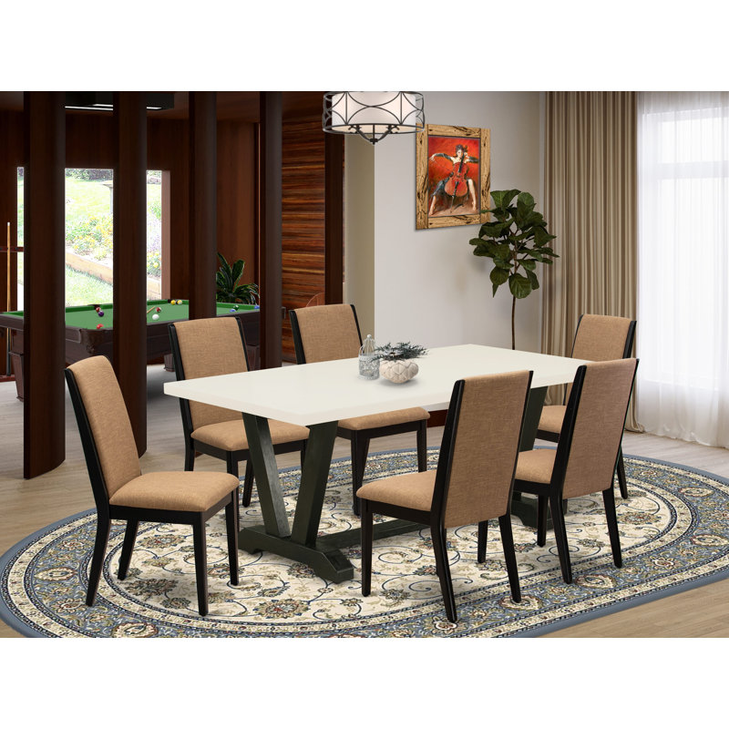 Ensemble de 7 pièces comprenant une table de salle à manger en lin blanc cassé (blanc cassé) et 6 chaises de salle à manger en tissu de lin sable clair - finition noire brossée