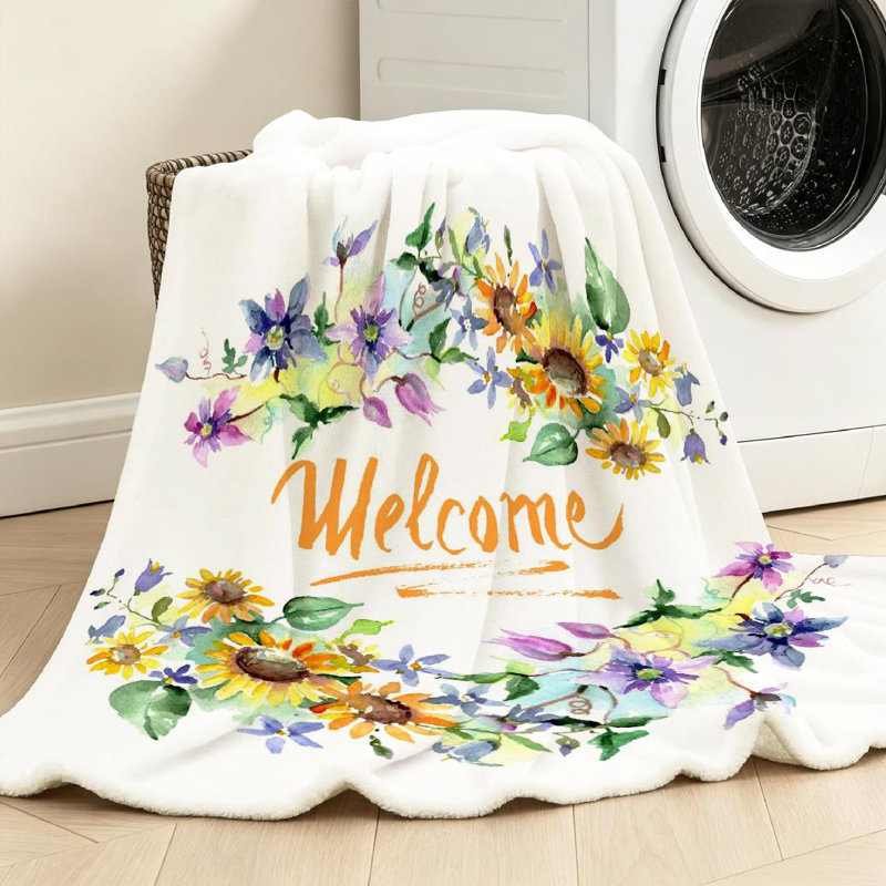 Jeté en flanelle transparente, molletonné et flocons de coton avec imprimé de tournesols, Throw 50" x 60"