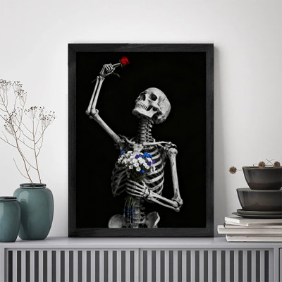 Black Framed Vintage Gothic Skeleton and Rose Wall Art Dark Academy Style Skeleton Ghost Style Framed Prints