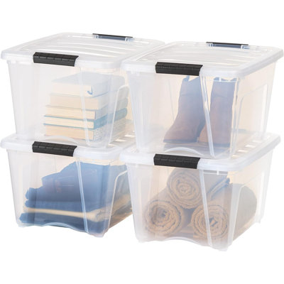 Boîte de rangement en plastique 30 L (32 pte) avec couvercle et loquets - Paquet de 4 - Sans BPA, solution d'organisation transparente, contenants empilables emboîtables durables, poignée à tirer sécurisée