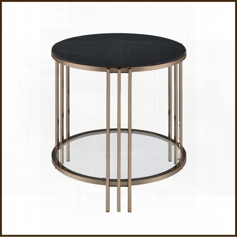 Table basse en pierre frittée avec structure en métal champagne - peu encombrante pour un salon moderne, facile à nettoyer