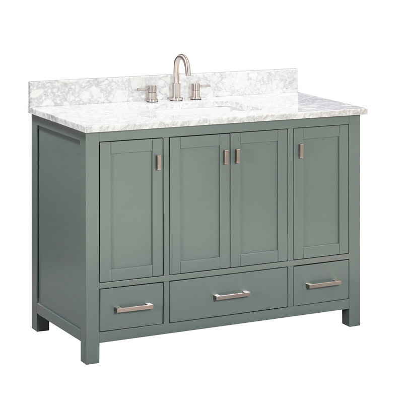 Modero 48" Single Bathroom Vanity with Top, Carrera White Marble, Brushed Nickel, Smoke Green