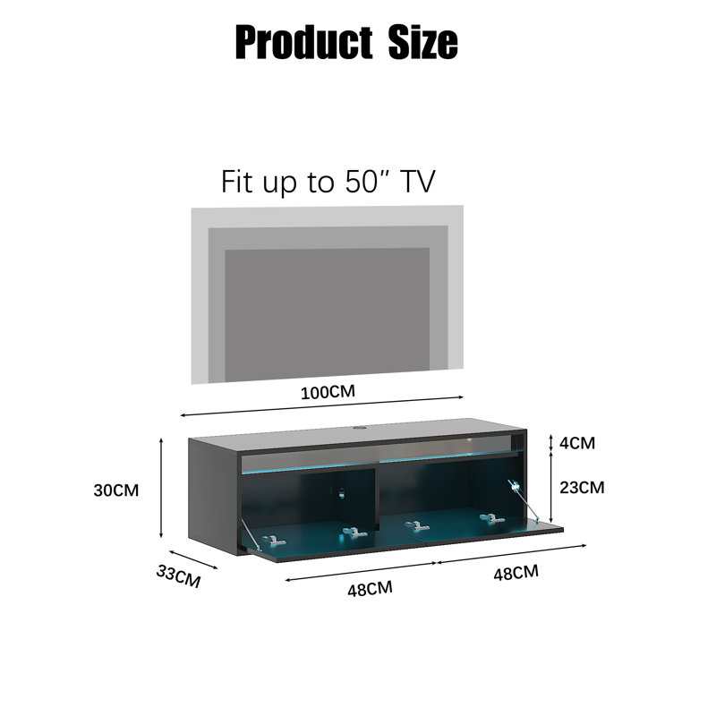 Agnon Floating TV Stand with RGB LED, Storage & Cable Management, 100/200cm, 30cm H x 100cm L x 33cm W, Black