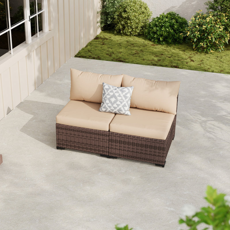 Chaises de patio d'extérieur sans accoudoirs en osier avec coussins 2 places, Khaki