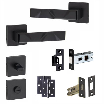 Modern Nova Premium Design Bathroom Door Handles on Square Rose in Matt Black Finish with Dead Bolt, Latch, Ball Hinges and Thumbturn