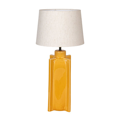 Lampe de table jaune en céramique avec base croisée et abat-jour en lin