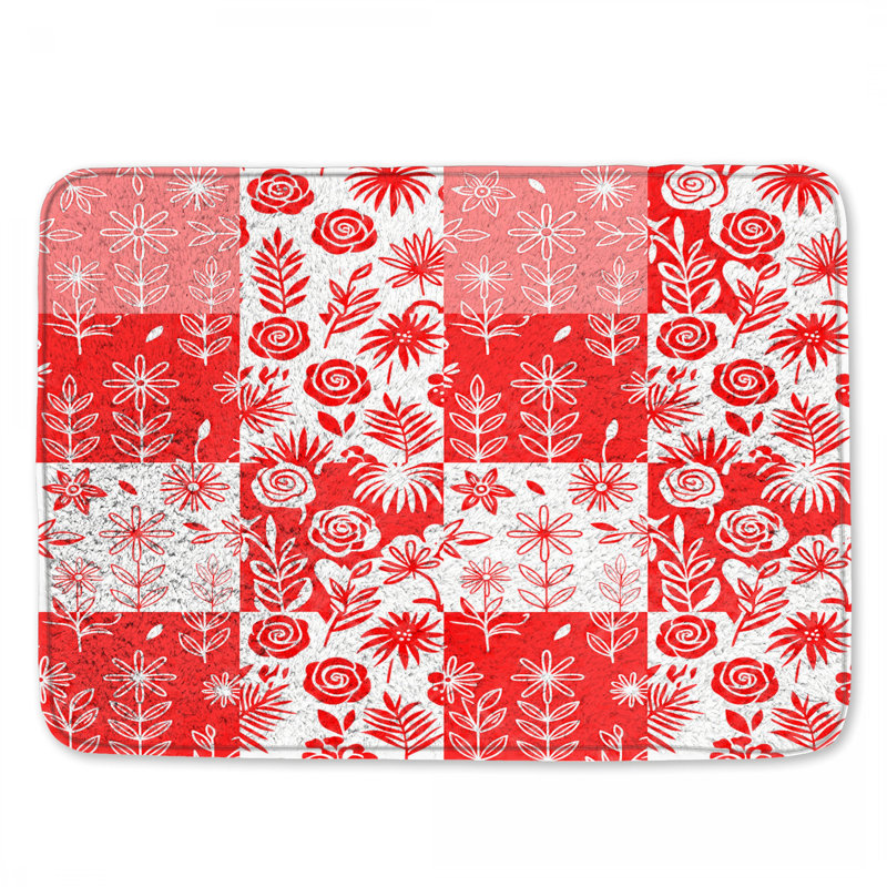 Red Floral Patchwork Bath Mat, 24in W x 17in L