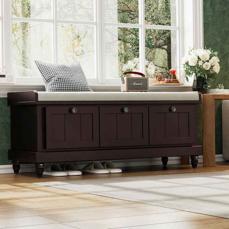 Classic Storage Bench With Cushioned Seat And Three Drawers For Entryway And Living Room, Espresso