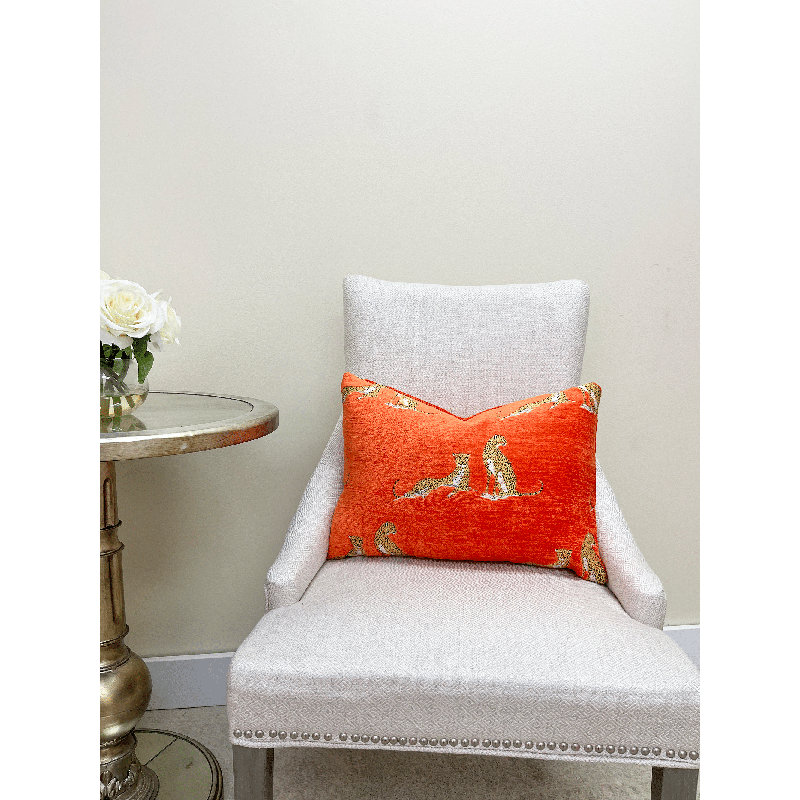 Chenille Embroidered Cheetah Lumbar Pillow Cover, Orange