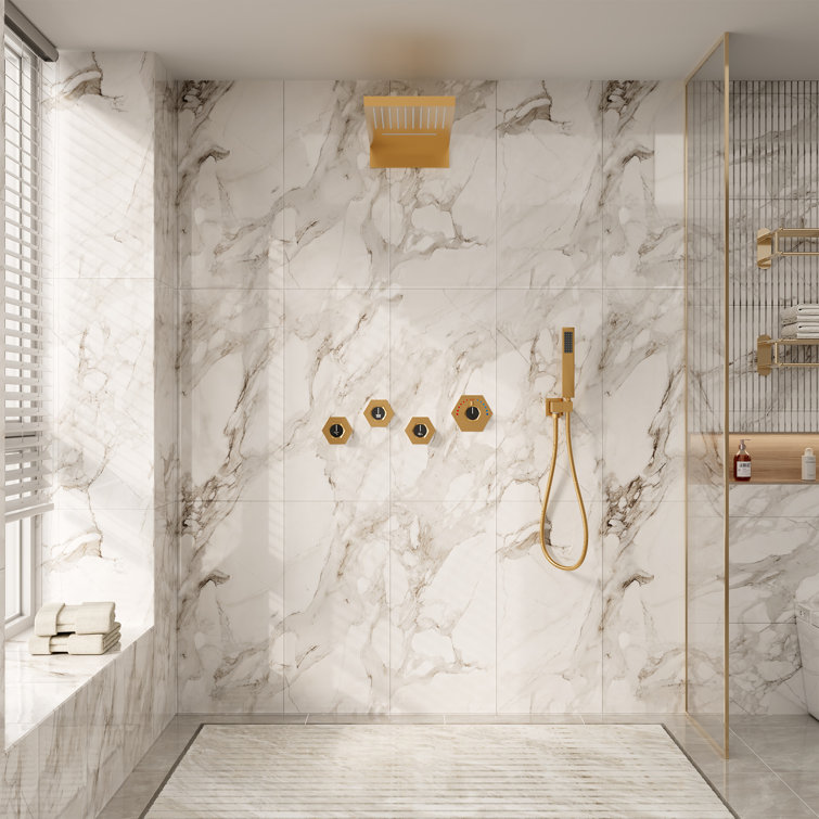 22" Wall-Mount LED Bluetooth Music Thermostatic Rainfall Complete Shower System with Rough in-Valve