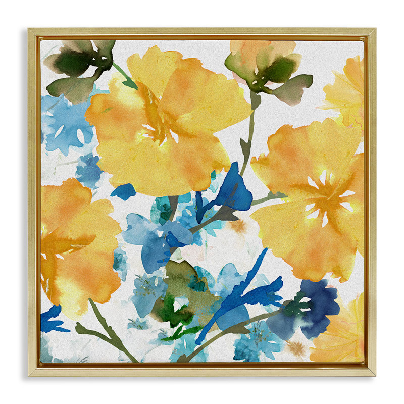 Hibiscus jaune et bleu, Cadre flottant métallique doré, H 25 po x l 25 po