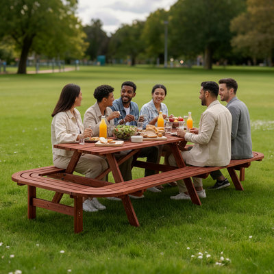 14-16 Persons Outdoor Wooden Rectangular Patio Picnic Table With Benches, Nearly 8-Foot Long, With Umbrella Hole For Patio, Garden, Backyard
