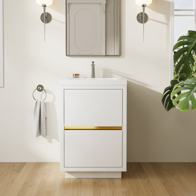 Meuble-lavabo autoportant 24 po blanc brillant avec comptoir en résine de pierre