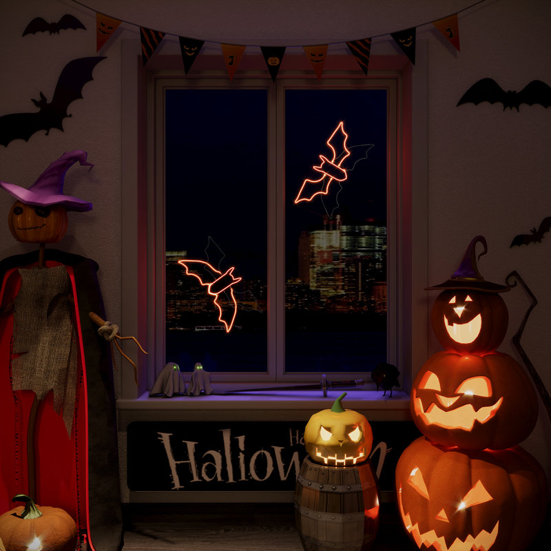LED Neon Orange Bat Flying Effect Signs Holloween Home Decor 