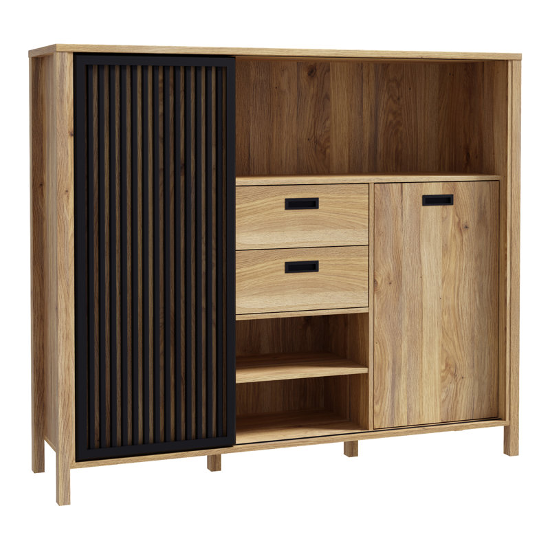 Sliding Door Cabinet with Compartments and Drawers, 149,9 cm W x 129,9 cm H x 40,2 cm D