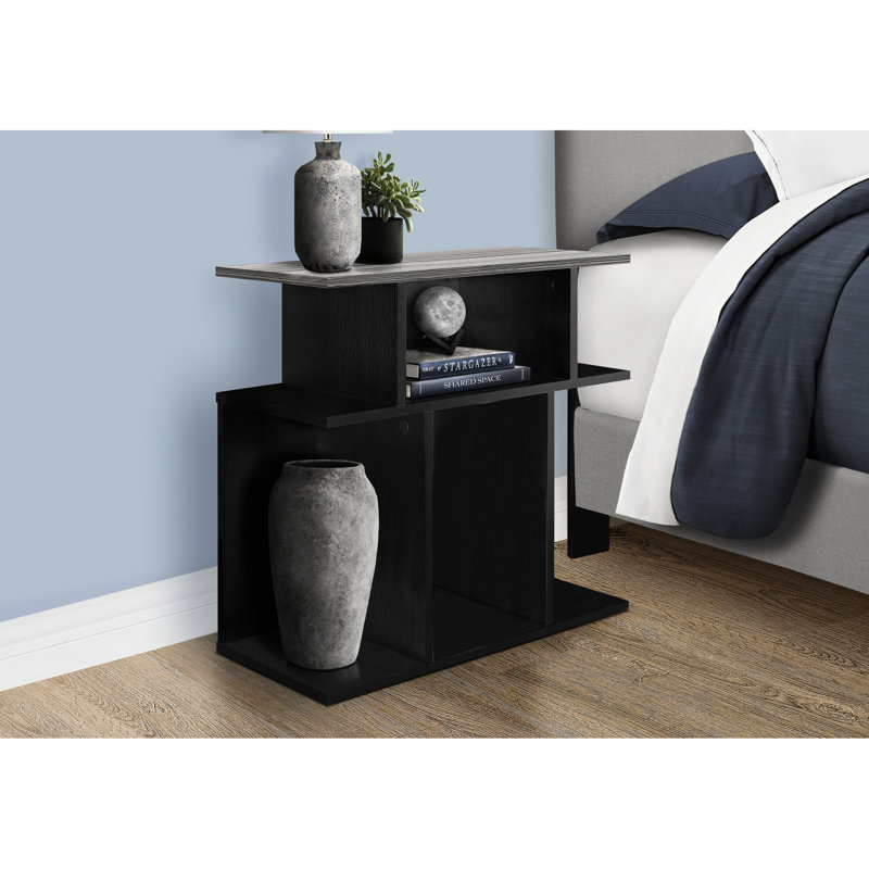 Table de bout à trois niveaux pour la chambre à coucher - stratifié noir et gris avec 6 tablettes ouvertes pour le salon, design