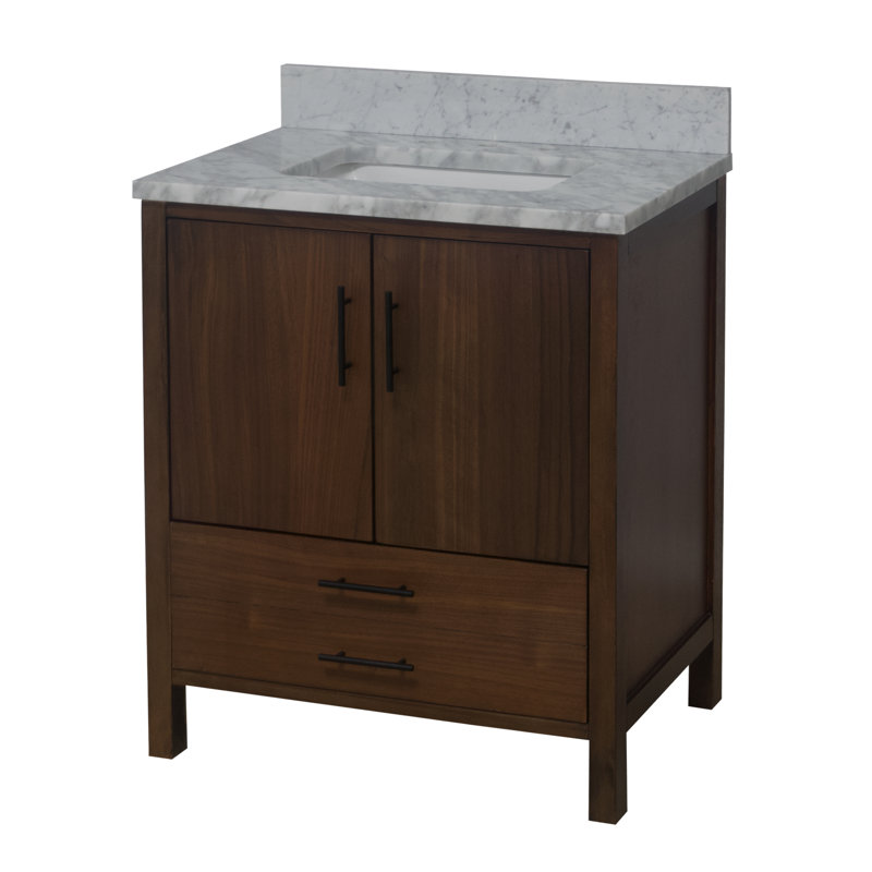 Ensemble de meuble-lavabo simple 30 po Kiara, Marbre de Carrare, Placage de noyer