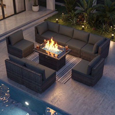 Alcalde 9-Piece Outdoor Wicker Conversation Set, Modular Sectional & 60,000 BTU Propane/Natural Gas Fire Pit Table
