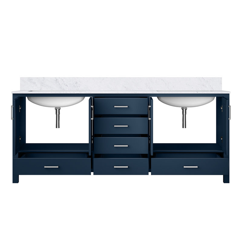 Meuble-lavabo double bleu marine l 80 po x P 22 po - comptoir en marbre, bois massif, fermeture en douceur et égratignure et teinture, 2 armoires, 6 tablettes ouvertes pour un rangement sophistiqué avec structure en bois, surface, beaucoup