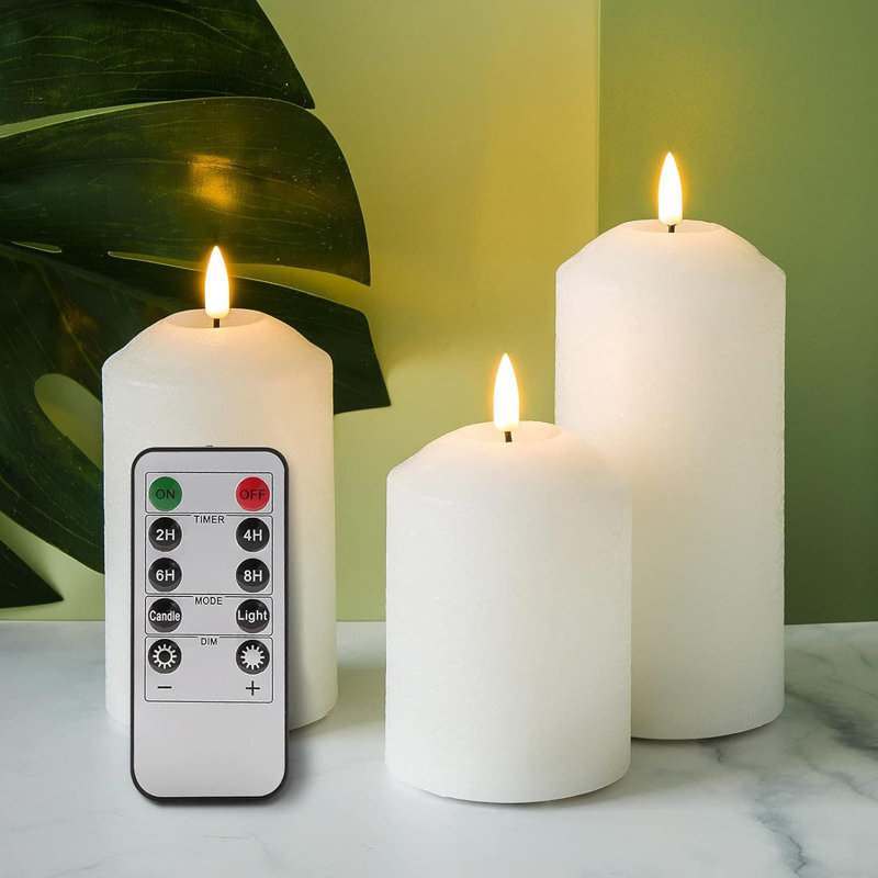 3 Pack Turquoise Blue Flameless Pillar Candles with Remote: Real Wax, Flickering LED, Battery-Operated, White