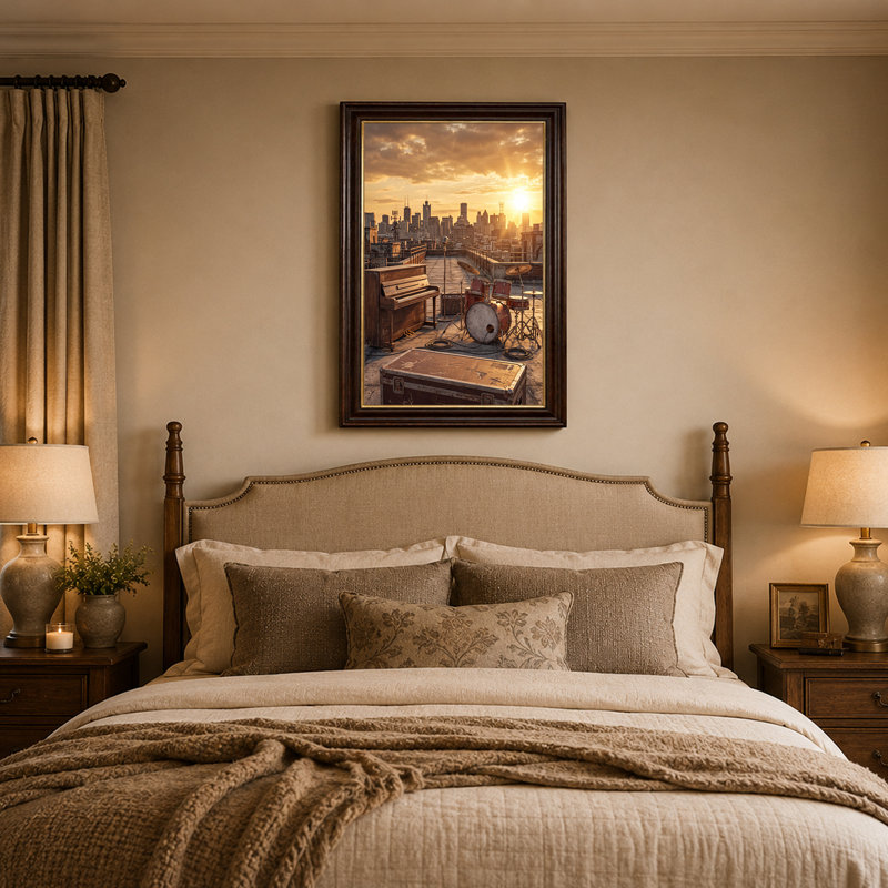 «Piano and Drum Set on Rooftop Golden City Skyline At Sunset», art mural sur toile, 24"H x 16"W