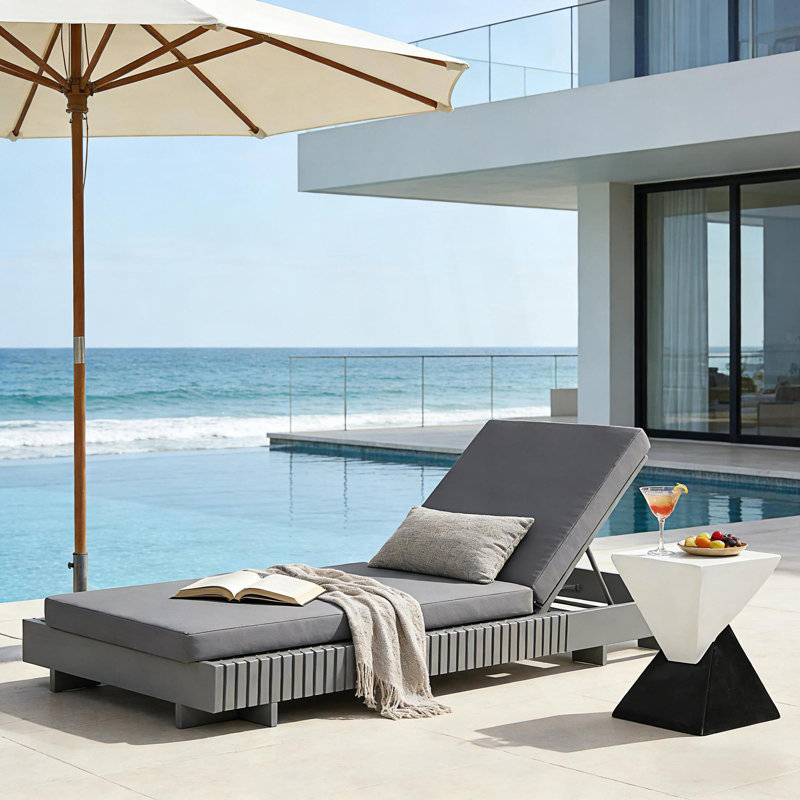 1PC Outdoor Chaise Lounge With Water-Repellent Cushion, Modern Patio Sun Lounger, Dark Gray
