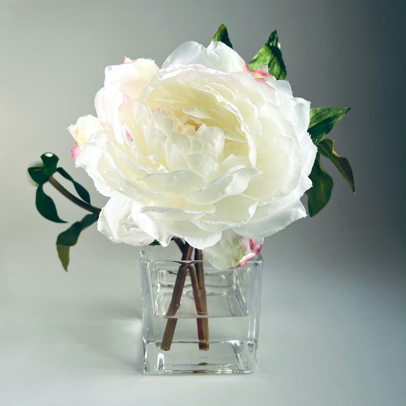 Peony Flower Arrangement in Glass Vase, White