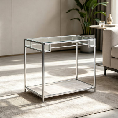 Table d'appoint moderne et minimaliste de 112 cm (44 po) avec structure en métal chromé, plateau en verre et étagère inférieure en contreplaqué – Pieds carrés et droits, table d'appoint polyvalente et élégante pour salon, entrée ou bureau