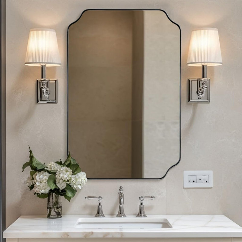 Modern Scalloped Corner Rectangle Bathroom Vanity Mirror | Stainless Steel Frame, Polished Chrome, 30" x 20"